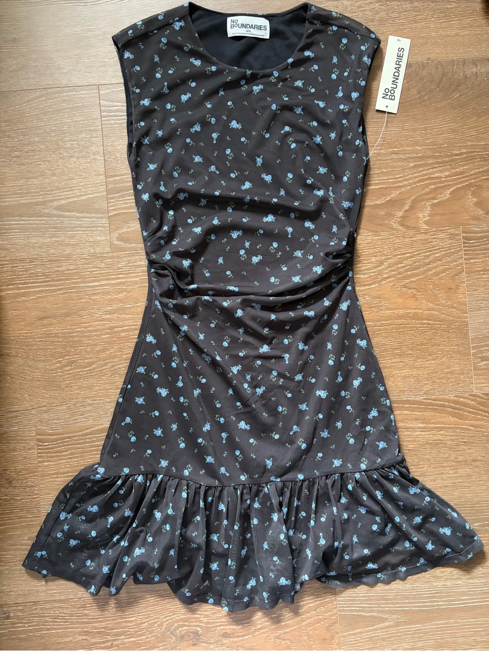 No Boundaries Black Dress with Blue Floral Pattern and Ruffle Hem